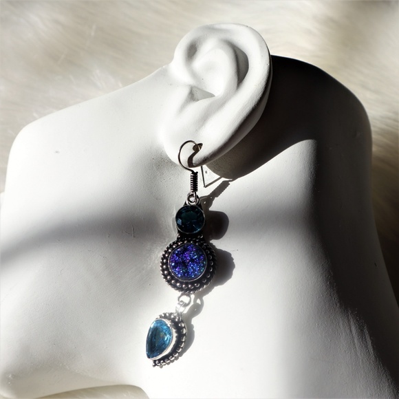 Titanium Druzy Blue Topaz & .925 Silver Earrings - Picture 2 of 4